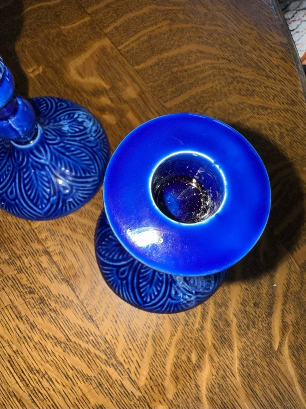 Bright Blue Embossed Ceramic Candlestick Holders - Set of 3